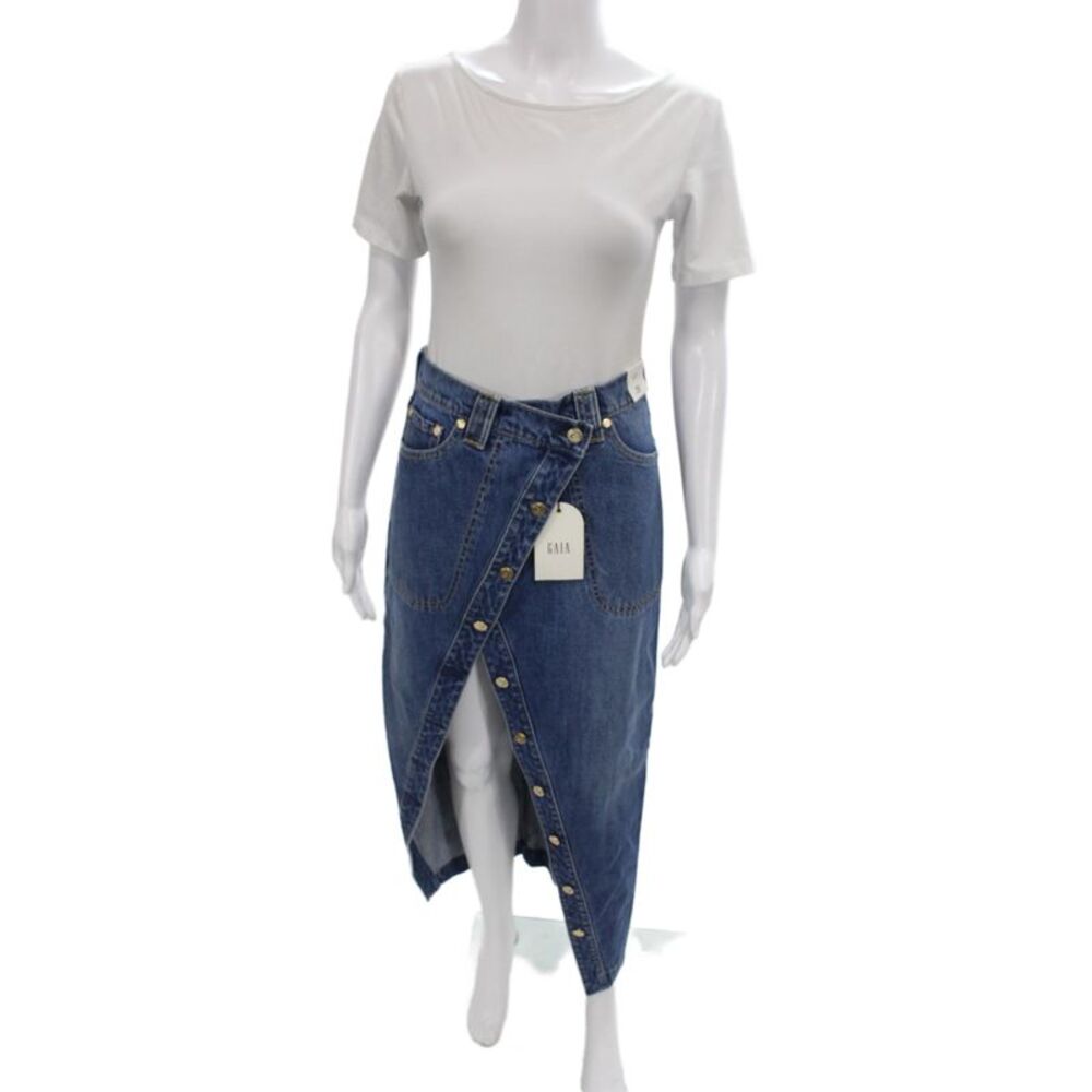 Cult Gaia Women Wrap Skirt Blue Cotton Long Button Size 25